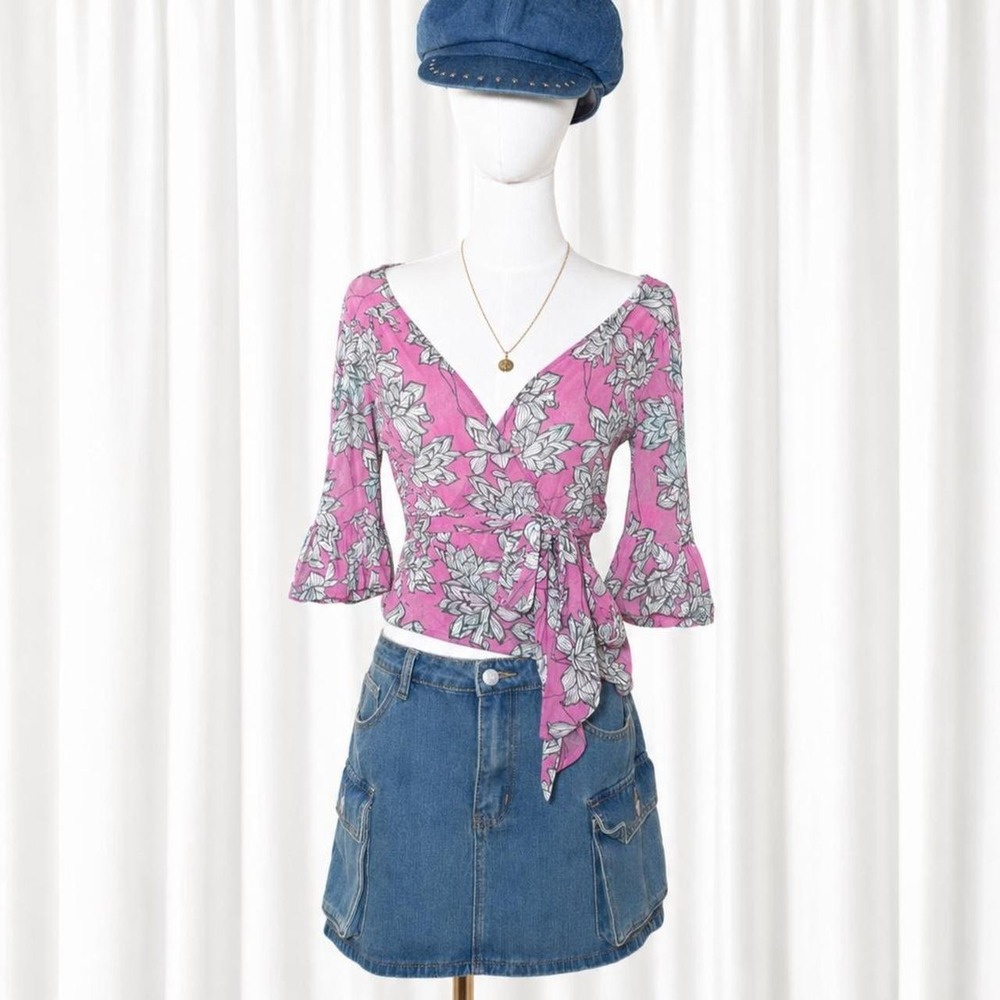 Y2K Euro Girl Pink Floral Wrap Top